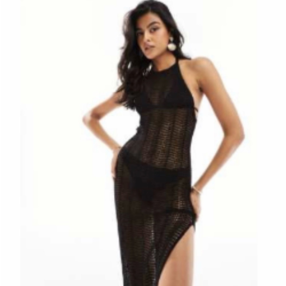 ASOS Black Sheer crochet Halter Maxi Dress